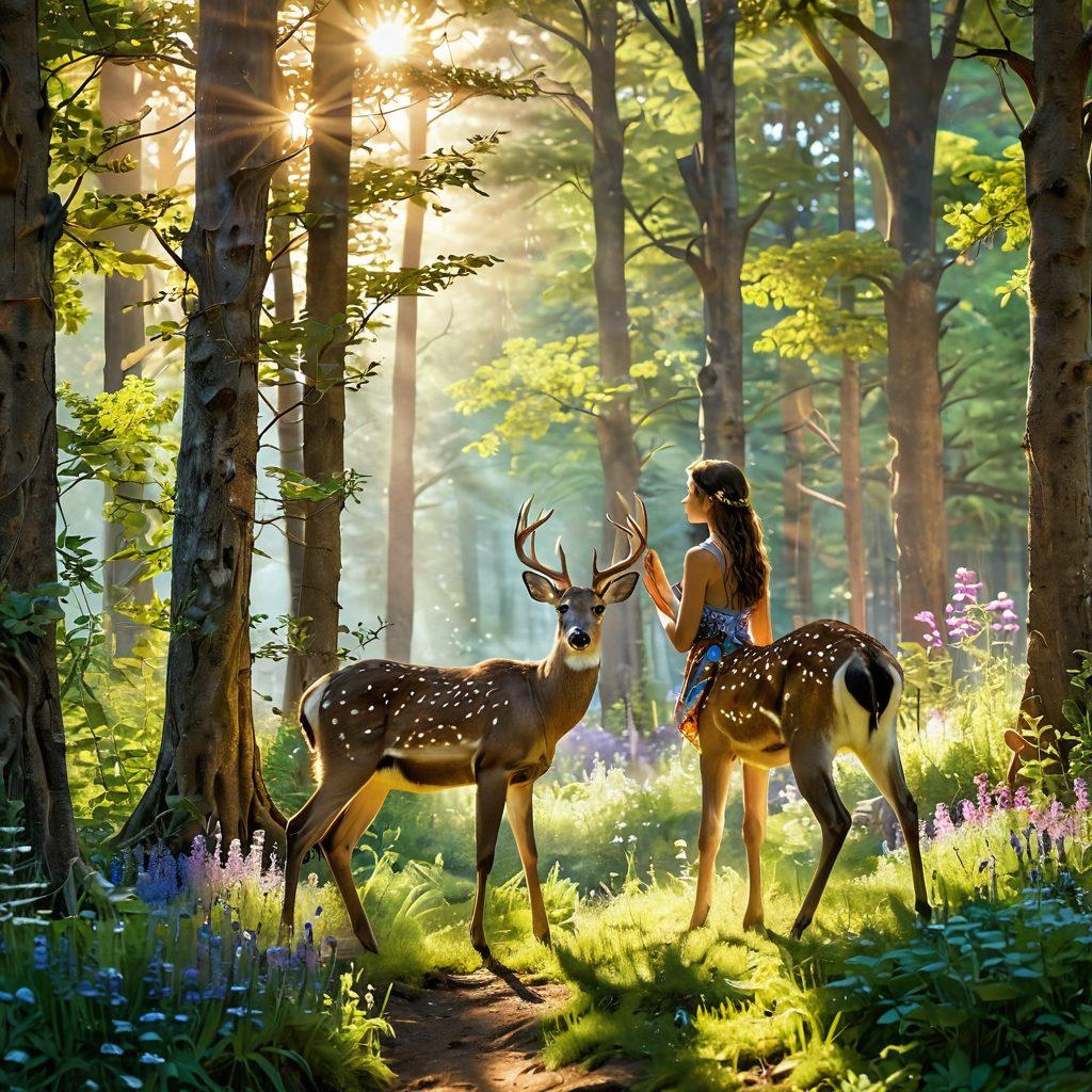 A serene landscape featuring a close-up of a woman gently caressing a wild deer in a sun-drenched forest, embodying the deep connection between humans and animals. In the background, a colorful tapestry of wildflowers and lush greenery enhances the scene, while soft sunlight filters through the trees, casting a warm glow. The atmosphere conveys tenderness and harmony, evoking a sense of passion and kinship. vibrant colors. soft focus. 3D.