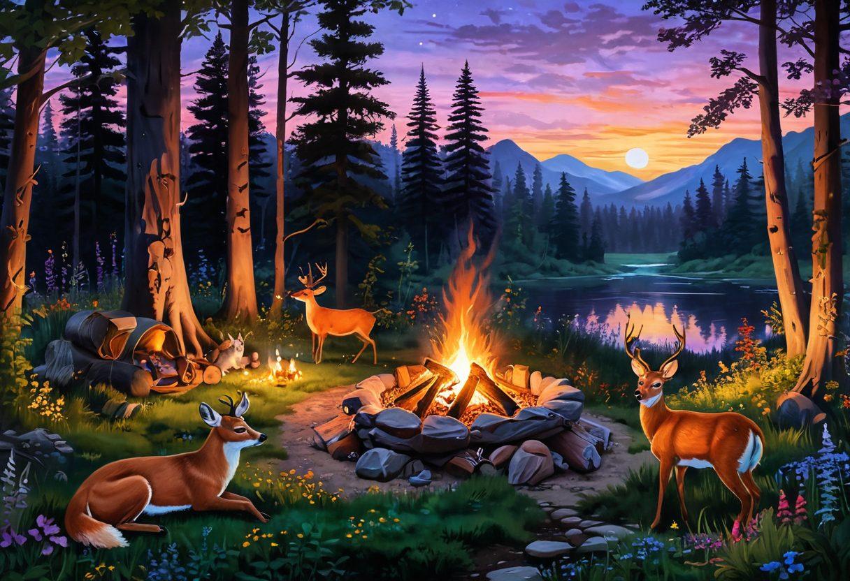 A breathtaking scene depicting a cozy campfire in a lush forest at dusk, with curious wild animals like deer and foxes observing a human sitting peacefully, sketching their behaviors. Surround this with colorful wildflowers and softly glowing fireflies, symbolizing the bond between humanity and nature. The sky should be painted in twilight hues of purple and orange. super-realistic. vibrant colors. natural setting.