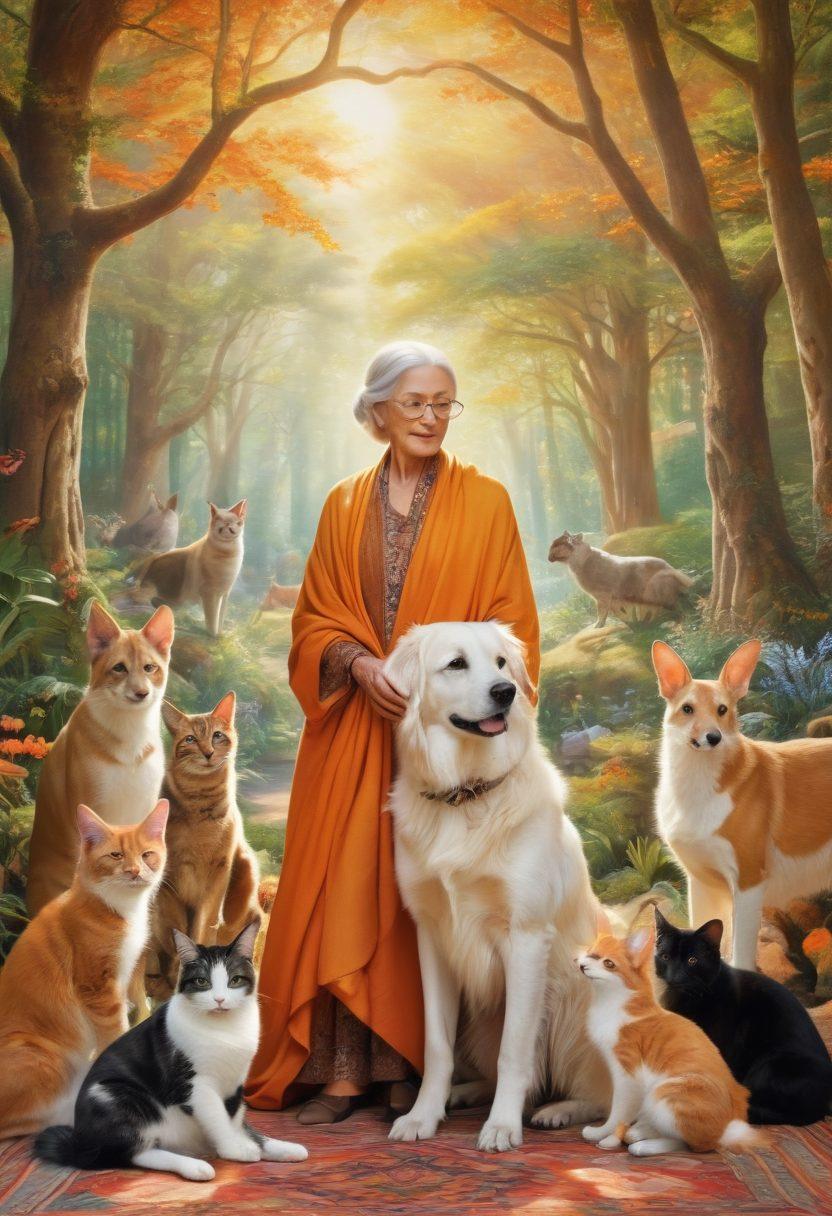 A serene forest scene depicting a gentle human figure embracing a wise, elderly dog, surrounded by playful animals like cats and rabbits. Sunlight filters through the trees, casting a warm glow, symbolizing the depth of love between humans and animals. In the background, a vibrant tapestry of flora and fauna represents the diverse animal kingdom. super-realistic. warm colors. nature-inspired.